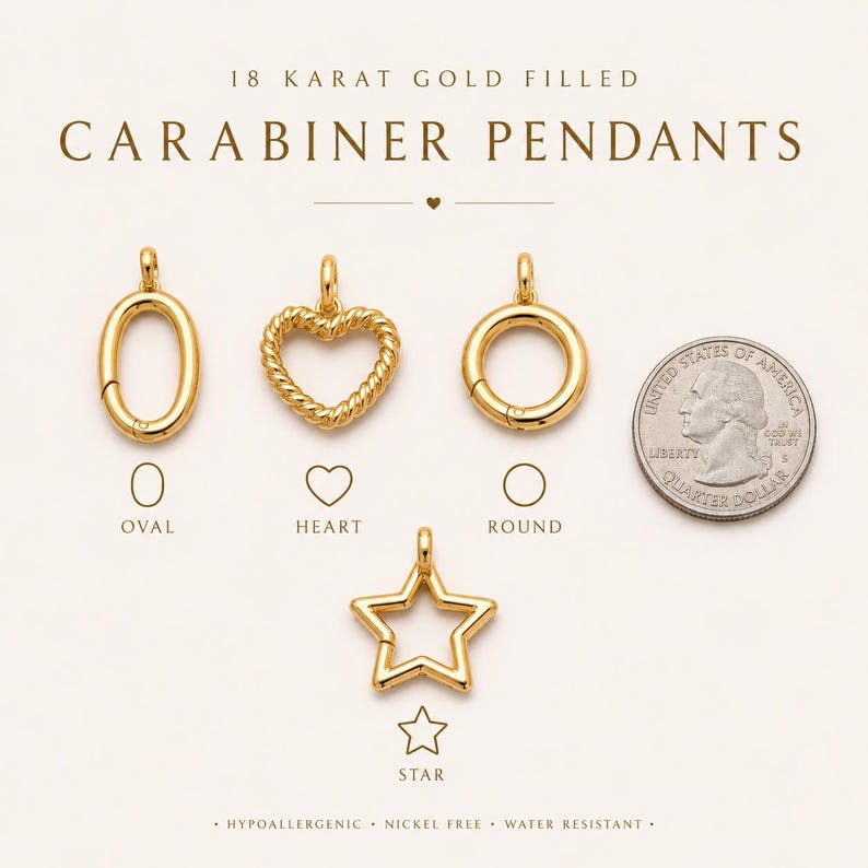 May include: 18 carat gold filled carabiner pendants in oval, heart, round, and star shapes. A US quarter coin is included for scale. Each pendant features a functional clasp mechanism. The text reads 18 KARAT GOLD FILLED CARABINER PENDANTS, OVAL, HEART, ROUND, STAR, HYPOALLERGENIC, NICKEL FREE, WATER RESISTANT.