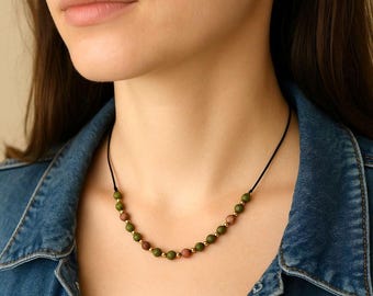 Unakite Silk Cord Crystal Necklace | Dainty 4mm Real Gemstones | Sterling Silver, Rose Gold or Gold Filled Accents | Spiritual Gift for Her