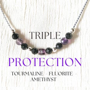 Triple Protection Necklace | Black Tourmaline Fluorite Amethyst | Dainty Crystal Bar Necklace Gift for Empaths