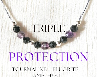Triple Protection Necklace | Black Tourmaline Fluorite Amethyst | Dainty Crystal Bar Necklace Gift for Empaths