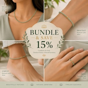 May include: A jewelry set featuring 4mm Burmese jade beads. The collection includes a necklace, a bracelet, an anklet, and a ring, each accented with a single gold-toned bead. The central text reads BUNDLE & SAVE 15% Complete the look. Timeless beauty. Natural harmony.