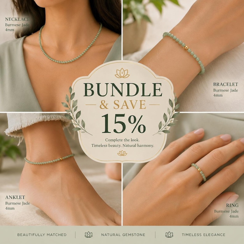 May include: A jewelry set featuring 4mm Burmese jade beads. The collection includes a necklace, a bracelet, an anklet, and a ring, each accented with a single gold-toned bead. The central text reads BUNDLE & SAVE 15% Complete the look. Timeless beauty. Natural harmony.