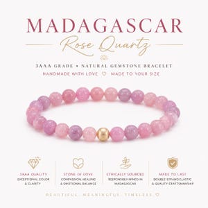 May include: A bracelet made of round, polished Madagascar rose quartz beads in varying shades of pink and purple, featuring a single textured gold-tone metal bead. The text reads MADAGASCAR Rose Quartz, 3AAA GRADE, NATURAL GEMSTONE BRACELET.