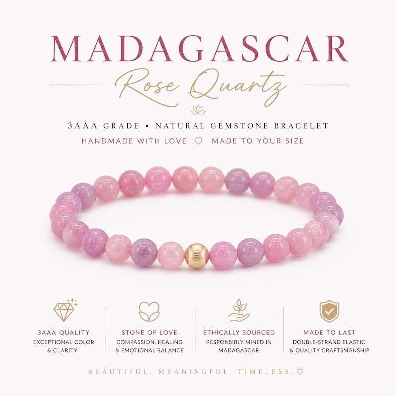 May include: A bracelet made of round, polished Madagascar rose quartz beads in varying shades of pink and purple, featuring a single textured gold-tone metal bead. The text reads MADAGASCAR Rose Quartz, 3AAA GRADE, NATURAL GEMSTONE BRACELET.