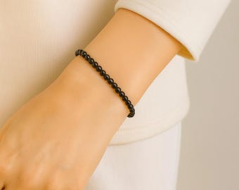 REAL Shungite Beaded Dainty Stretch Bracelet | 4mm Natural Gemstones | FREE Ring Included | Handmade to Order in Canada