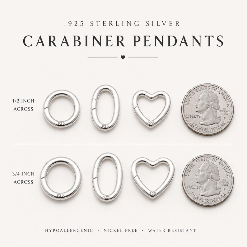 May include: .925 sterling silver carabiner pendants in round, oval, and heart shapes. The top row measures 1.27 cm across, and the bottom row measures 1.91 cm across. Each piece is stamped with 925 and shown next to a US quarter for scale.