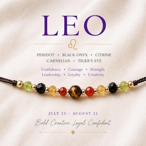 Pulseira delicada com cristais do signo de Leão, com peridoto de 4 mm, citrino, ônix, olho de tigre e cornalina. Um presente de aniversário astrológico único.