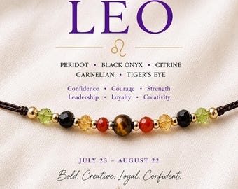Dainty Leo Zodiac Crystal Bracelet with 4mm Peridot Citrine Onyx Tiger’s Eye Carnelian, Unique Astrology Birthday Gift