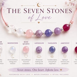 May include: A beaded bracelet featuring seven faceted gemstones: clear quartz, moonstone, rose quartz, lepidolite, tanzanite, amethyst, and ruby. The text reads THE SEVEN STONES of Love, listing each stone name with its corresponding properties.