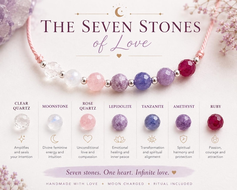 May include: A beaded bracelet featuring seven faceted gemstones: clear quartz, moonstone, rose quartz, lepidolite, tanzanite, amethyst, and ruby. The text reads THE SEVEN STONES of Love, listing each stone name with its corresponding properties.