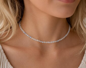 Rainbow Moonstone Choker Necklace, Genuine Natural 8A Blue Flash Gemstones, June Birthstone Gift, Sterling Silver or Gold Fill, Handmade