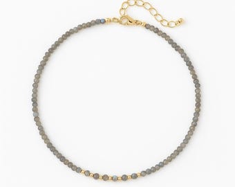 Labradorite Choker for Women, Dainty 4mm Beaded Gemstone Necklace Gold Filled or Sterling Silver Clasp Protection Jewelry Gift for Her