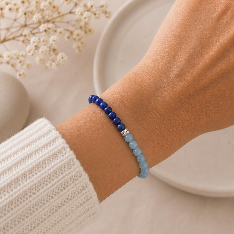 Weight Loss Bracelet for Women | AAA Grade Aquamarine Apatite Lapis Lazuli | Sterling Silver Spacers | Motivation Gift for Her image 4