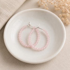 AAA Rose Quartz Hoop Earrings, Real 4mm Gemstones, Minimalist Rose Quartz Jewelry, Gold Filled or White Gold Filled, Handmade in Canada