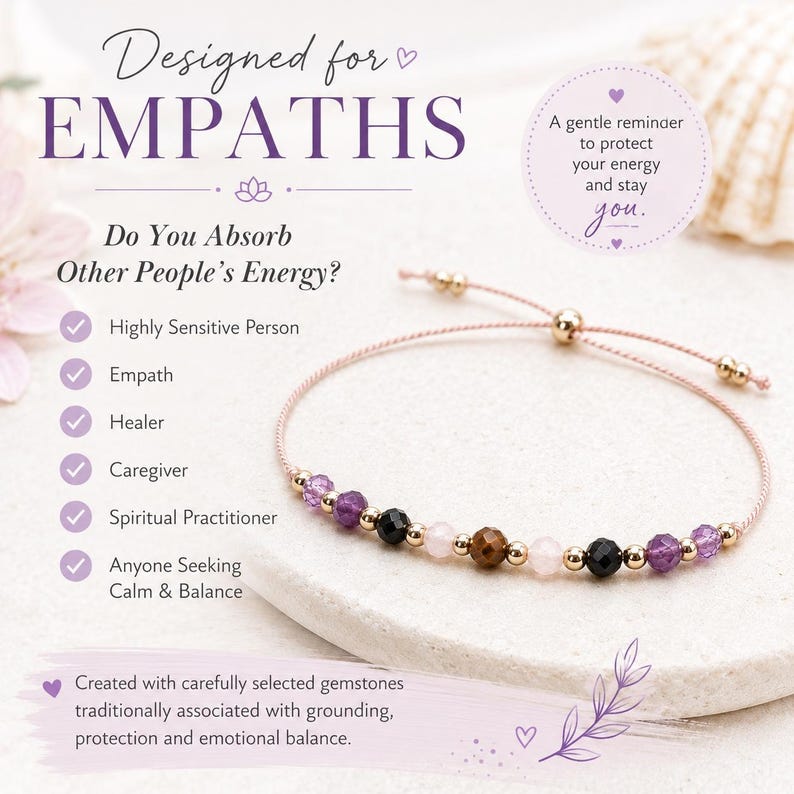 Empath Protection Bracelet, Silk Cord Crystal Bracelet, Black Tourmaline, Amethyst, Rose Quartz & Tiger's Eye, Gift for Her image 4