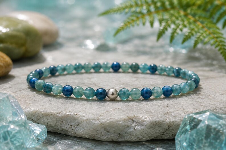 May include: A beaded bracelet featuring small, round, translucent blue and green gemstone beads arranged in a repeating pattern, accented by a single, smooth, polished silver-toned metal bead centered at the front of the circular strand.