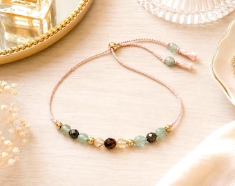 Abundance Crystal Armband, Elegant 4 mm Citrinpyrit Aventurin Tigeröga Ädelstenar, Skydd Välstånd Livslängd Gåva till Henne