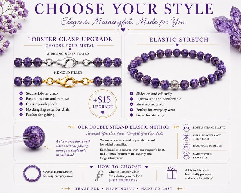 May include: An informational graphic titled CHOOSE YOUR STYLE displaying two bracelet options: a purple beaded bracelet with a lobster clasp in sterling silver or 14k gold, and an elastic stretch purple beaded bracelet. It details construction methods.