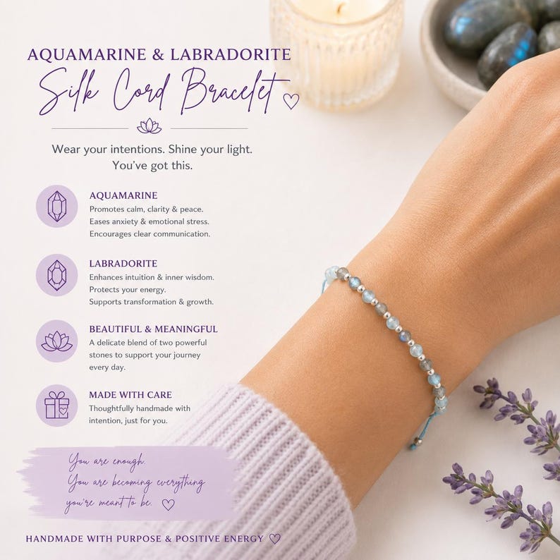 Aquamarine & Labradorite Bracelet for Women - Dainty 4mm Crystals on Adjustable Silk Cord, Gold Filled, Rose Gold or Sterling Silver Gift image 2