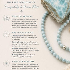 May include: A raw, marbled blue and white larimar gemstone sits beside a strand of smooth, round, light blue larimar beads. The image includes text titled The Beauty of Larimar, describing the gemstone's origin, qualities, and natural appearance.