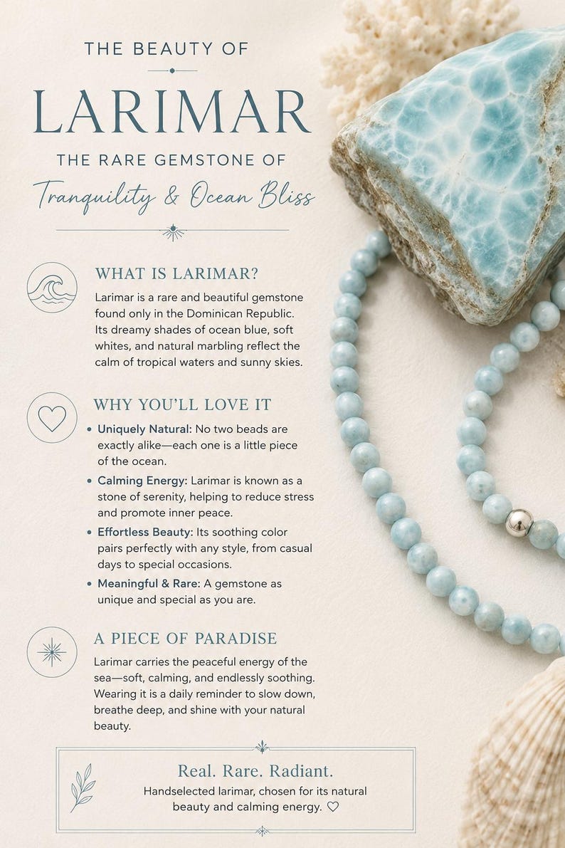 May include: A raw, marbled blue and white larimar gemstone sits beside a strand of smooth, round, light blue larimar beads. The image includes text titled The Beauty of Larimar, describing the gemstone's origin, qualities, and natural appearance.