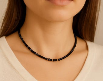 Black Tourmaline Choker Necklace for Women Dainty 4mm Beaded Gemstones Gold Filled or Sterling Silver Clasp Protection Jewelry Gift for Her