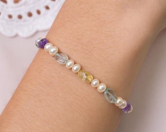 Multi Gemstone Beaded Bracelet for Women, Freshwater Pearls, Amethyst, Aquamarine & Citrine Nugget Beads, Sterling Silver or 18k Gold Filled