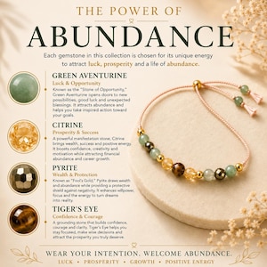 May include: A beaded bracelet with a light pink cord and adjustable slider, featuring green aventurine, citrine, pyrite, and tiger's eye gemstones. The image includes text titled THE POWER OF ABUNDANCE, detailing the properties of each stone.