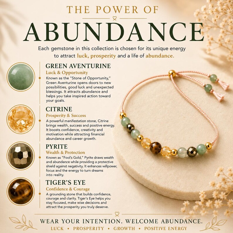May include: A beaded bracelet with a light pink cord and adjustable slider, featuring green aventurine, citrine, pyrite, and tiger's eye gemstones. The image includes text titled THE POWER OF ABUNDANCE, detailing the properties of each stone.
