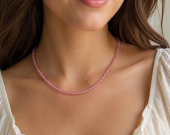 Dainty Strawberry Quartz Necklace + FREE Ring, 4mm Authentic Gemstones, 18K Gold Filled, Rose Gold, Sterling Silver, Minimalist Jewelry