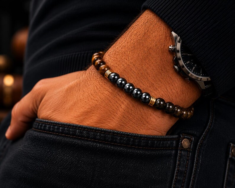 The Shield herenarmband, tijgeroog hematiet gouden obsidiaan armband, luxe drievoudige beschermingsarmband voor mannen, cadeau voor hem afbeelding 3