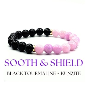 Kunzite & Black Tourmaline Bracelet for Women, 18k Gold Filled or Sterling Silver Accents, Empath Protection Jewelry Gift for Her