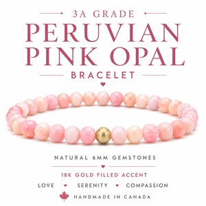 6 mm Peruvian pink opal bracelet in stretch elastic. includes a brushed gold 18 karat gold filled accent bead.