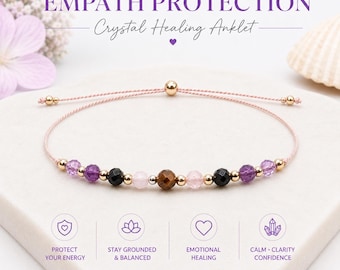 Empath Protection Anklet, Black Tourmaline Crystal Anklet, Healing Gemstone Jewelry, Adjustable Silk Cord Anklet, Gift for Empath