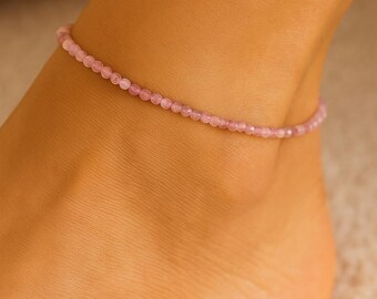 Madagascar Rose Quartz Anklet for Women, Dainty 3mm Gemstone Stacking Layering Stretch Ankle Bracelet, Unique Gift for Her