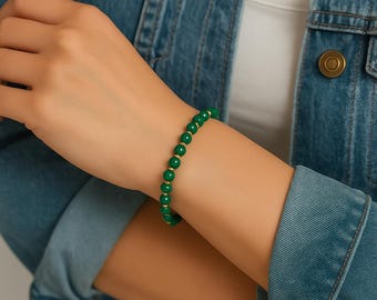 Dainty Malachite Bracelet, 4mm Faceted Green Gemstone Stretch Bracelet, Gold Filled or Silver Accents | Minimalist Everyday Jewelry Gift