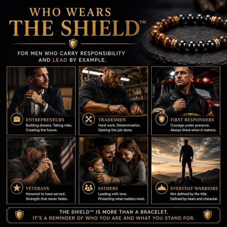 The Shield herenarmband, tijgeroog hematiet gouden obsidiaan armband, luxe drievoudige beschermingsarmband voor mannen, cadeau voor hem afbeelding 8