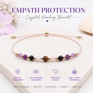 Empath Schutz Armband, Seidenkordel Kristall Armband, Schwarzer Turmalin, Amethyst, Rosenquarz & Tigerauge, Geschenk für Sie