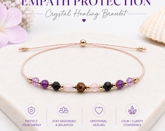 Empath Protection Armband, Silkesnöre Kristallarmband, Svart Turmalin, Ametist, Rosenkvarts & Tigeröga, Present till henne
