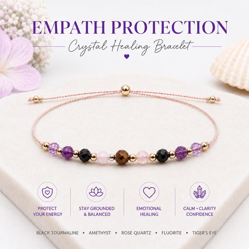 Empath Protection Bracelet, Silk Cord Crystal Bracelet, Black Tourmaline, Amethyst, Rose Quartz & Tiger's Eye, Gift for Her image 1