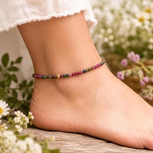 Rainbow Tourmaline Anklet | Genuine Natural 3A Gemstones | 18K Gold Fill or Sterling Silver | Dainty Minimalist Jewelry Gift for Her image 2