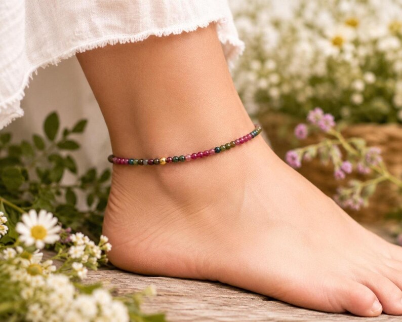 Rainbow Tourmaline Anklet | Genuine Natural 3A Gemstones | 18K Gold Fill or Sterling Silver | Dainty Minimalist Jewelry Gift for Her image 2