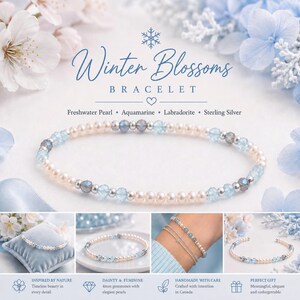 Pu&ograve; includere: Un braccialetto delicato caratterizzato da un motivo ripetuto di perle d'acqua dolce bianche, acquamarina azzurra e perline di labradorite grigia. Il gioiello &egrave; arricchito da piccoli distanziatori in argento sterling.