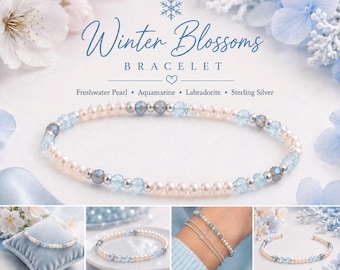 Vinterblommor | Elegant armband med sötvattenspärlor, akvamarin och labradorit | Handgjort i Kanada | Elegant pärlarmband | Mamma mig-present