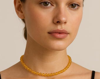 Citrine Choker Necklace – 4mm Gemstone Beaded Choker, November Birthstone Jewelry, Minimalist Gold Crystal Necklace Gift for Her