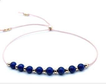 Dainty Lapis Lazuli Silk Cord Bracelet, Real AAA 4mm Gemstones, Sterling Silver Gold Filled Accents, Healing Crystal Jewelry Gift for Her
