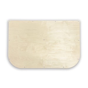 May include: A light wood, unfinished, rectangular shaped, plywood board with rounded edges and multiple pre-drilled holes.