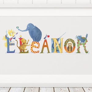 Custom Name Art by Children's Book Artist, whimsical animal letters, new baby gift, child's birthday gift, kid decor, personalized wall art