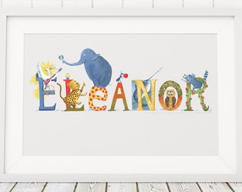 Custom Name Art by Children's Book Artist, whimsical animal letters, new baby gift, child's birthday gift, kid decor, personalized wall art