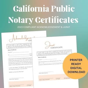 California Notary Public Acknowledgement & Jurat Certificate | Easy Download | Printer Ready | 2025 Compliant | PDF | Loan Signing Agent Doc